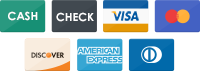 Payment Options Include Cash, Check, Visa, Mastercard, Discover, Amex, Diners Club